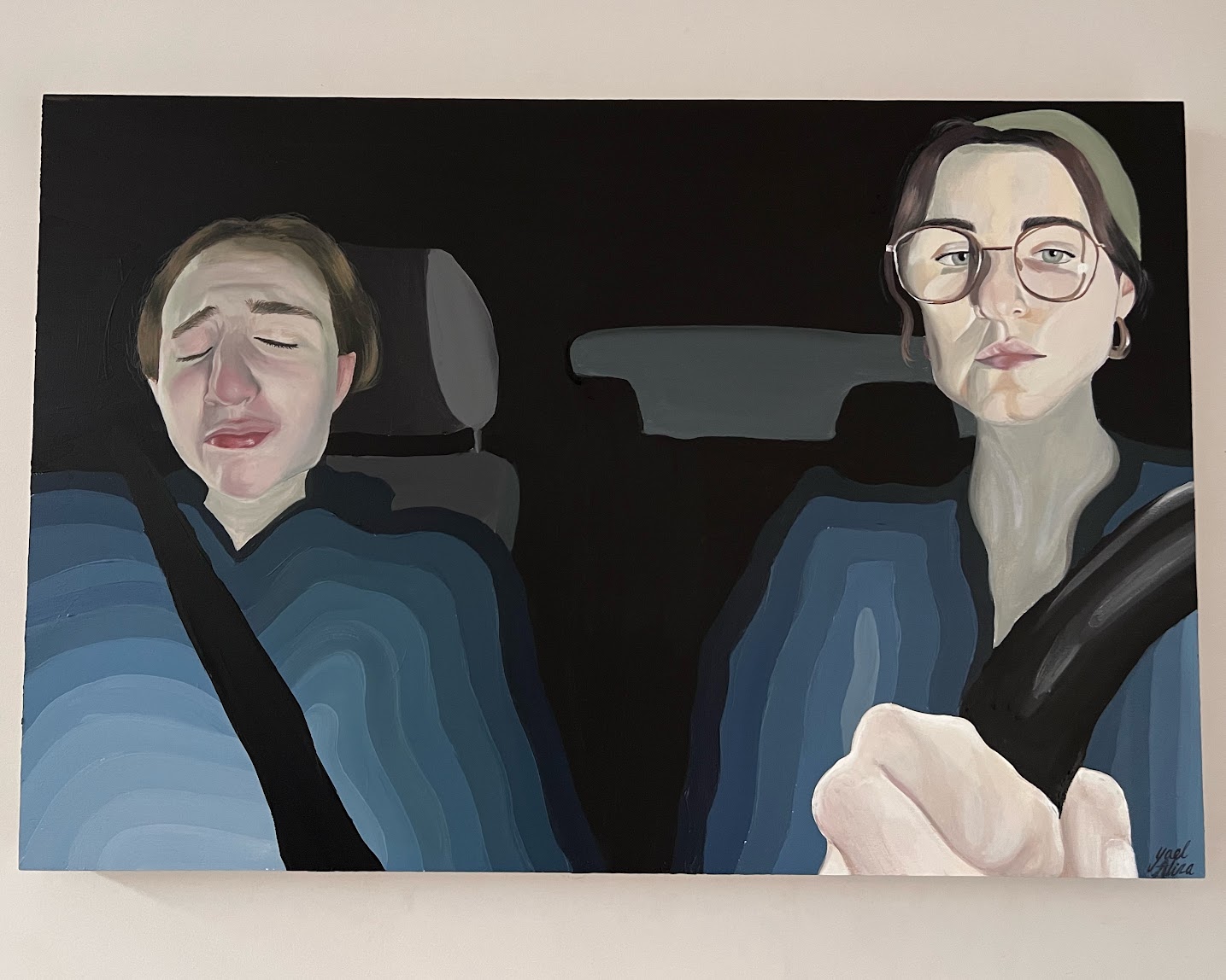 Painting of two friends in a car at night. On the left, the artist sits with eyes closed, close to tears; on the right, her best friend drives, eyes on the road and a hand on the wheel.